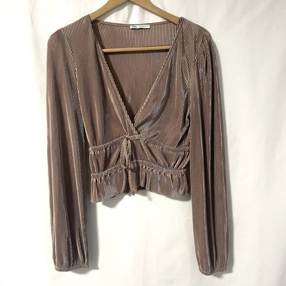 Zara Long Puffed Sleeve Bronze Champagne Accordion Micro Pleated Top M - Picture 1 of 7